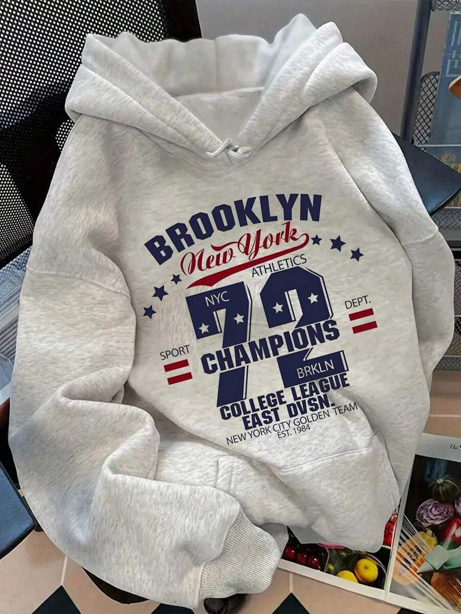 SHEIN 女式字母印花长袖休闲宽松连帽运动衫 - 淺灰色 - 查看 1