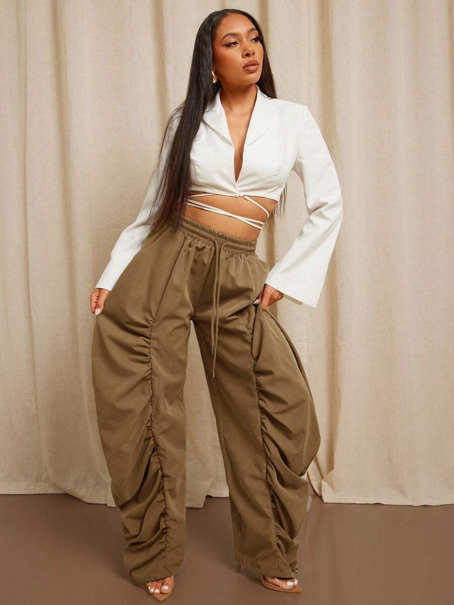 Vixey Pantalones casuales de oficina de pierna ancha con cintura con cordón fruncido, casual de negocios, para brunch