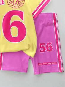 SHEIN 2 件套年轻女孩休闲简约短袖上衣和短裤套装，适合夏季