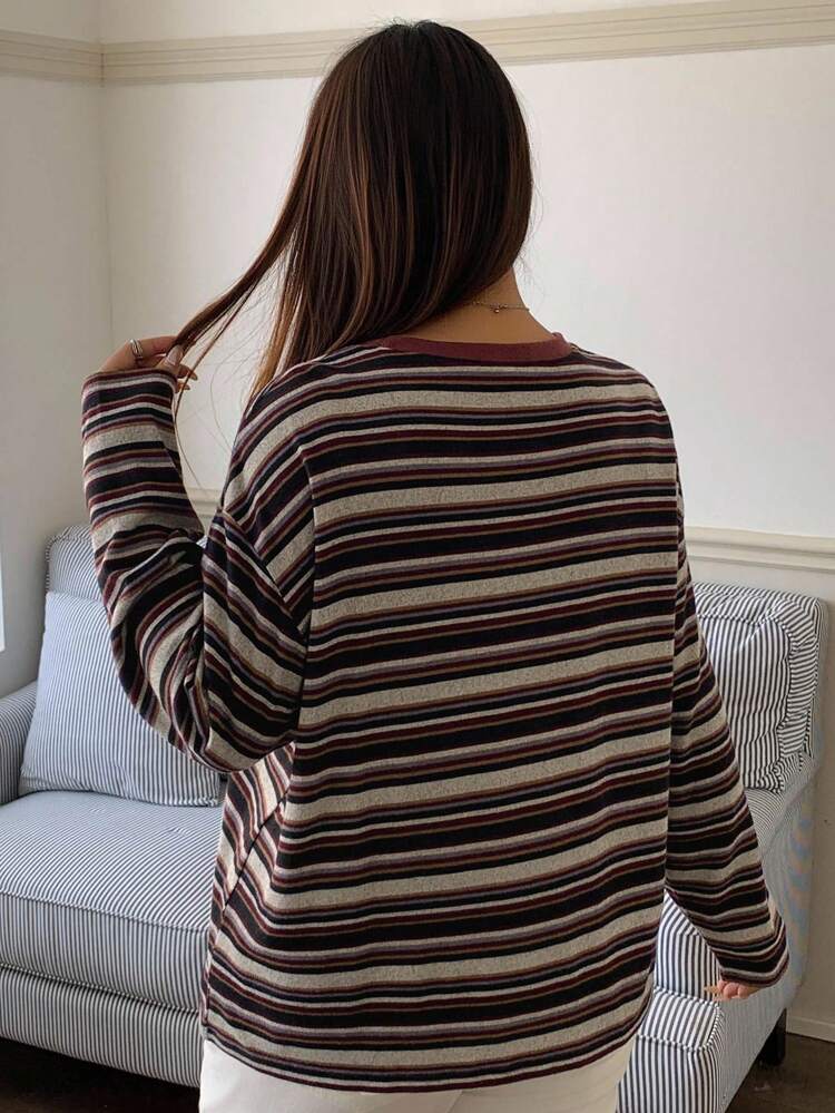 Dazy Plus Valentine Striped Color Block Loose Fit Crew Neck Long Sleeve Plus Size Women Casual T-Shirt