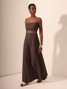 Zivah 2025 夏季新款音乐节、复活节、圣帕特里克节、西部风、游牧风、生日派对、毕业典礼、学生装、日常穿着、休闲装、度假装、邮轮旅行、海滩装、日光浴装、时尚装、荷叶边装、细肩带装、麻花针织装、竹纤维装、亚麻装、卡其色女装两件套巧克力棕色两件套棕色短款上衣和裙子套装 - 鏽棕色 - 查看 4