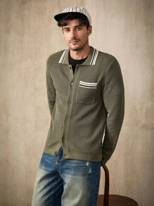 Manfinity Homme Áo khoác cardigan sọc tương phản thường ngày cho nam - Màu xanh Ô liu - Xem 6