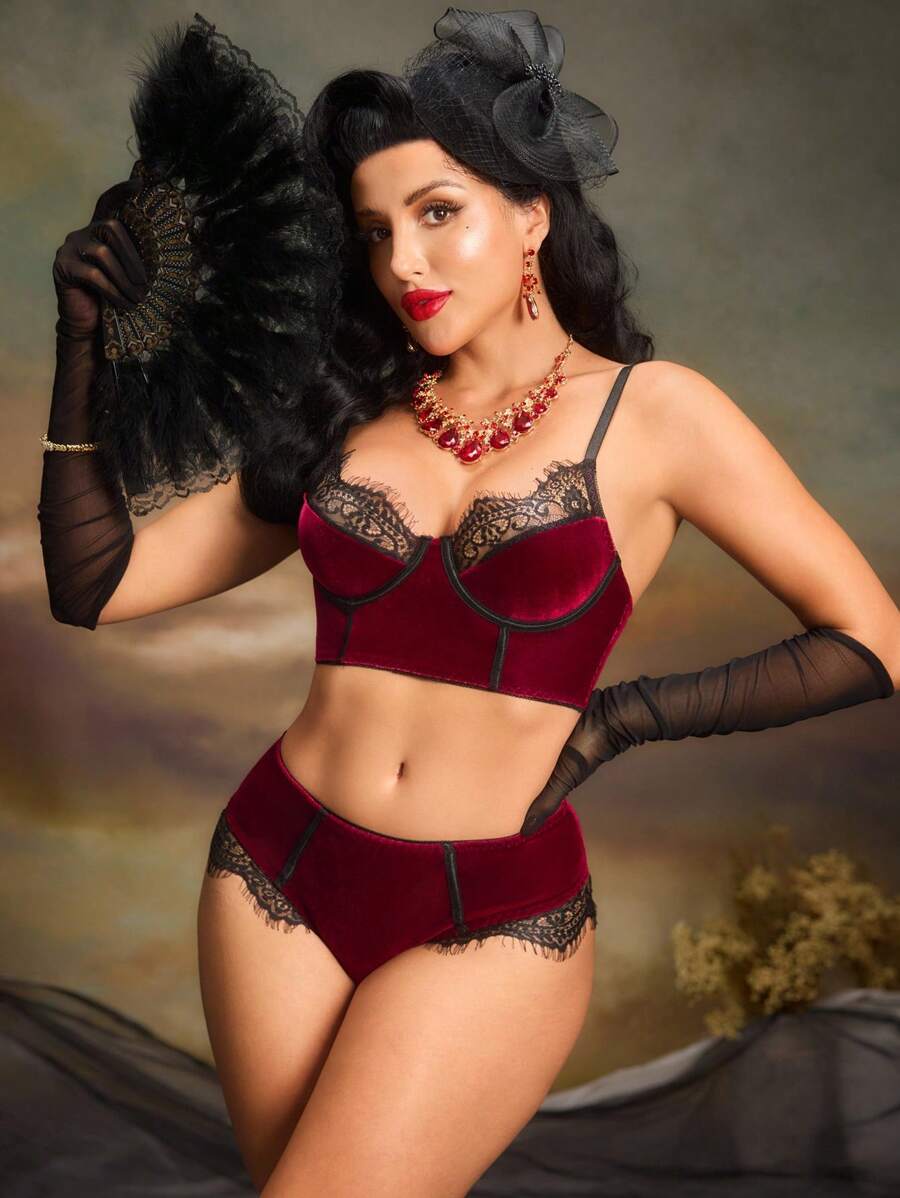 Conjunto De Lencería De Encaje Para Mujer Con Detalles De Espiga (sujetador Con Aros Y Braguitas) - Rojo - Ver 1