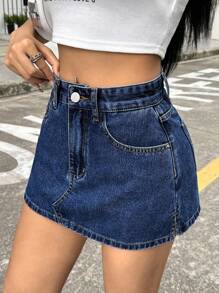 SHEIN ICON 女士休闲水洗牛仔迷你裙，夏季 - 深色水洗藍 - 查看 5