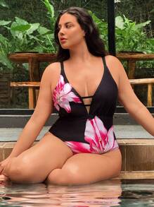 Swim Vcay Plus Size Women One-Piece Floral Print Fashion Vacation Casual Slim Fit Tummy Control Adjustable Thick Strap Deep V-Neck Backless One Piece Swimsuit For Summer - Black - View 5