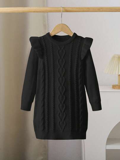  LMoss Kids 小女孩圆领长袖拼布荷叶边纹理针织毛衣裙，适合秋冬季休闲日常穿着，保暖性好