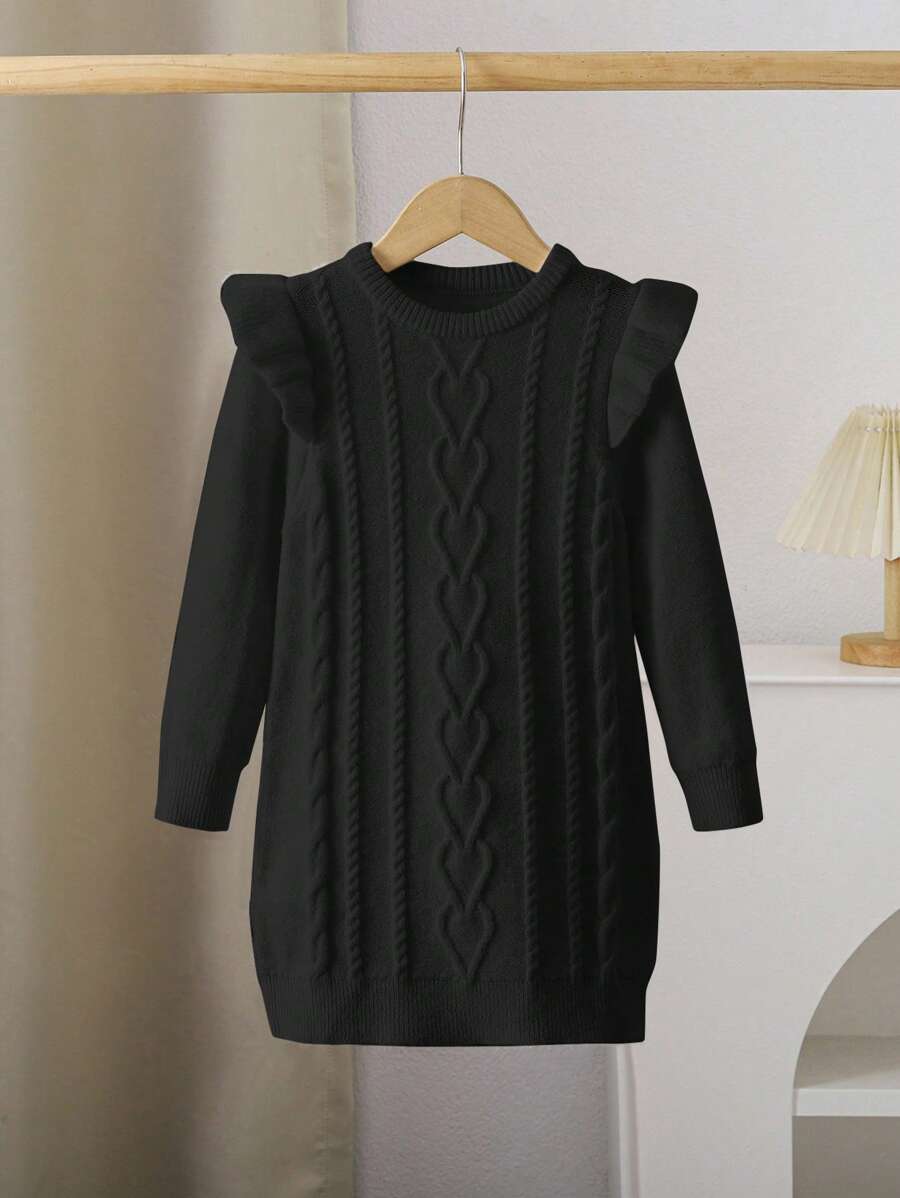 LMoss Kids Young Girl Crew Neck Long Sleeve Patchwork Ruffle Textured Cable Knit Sweater Dress,Autumn/Winter Black Casual Daily Back To School Outfit - Black - View 1