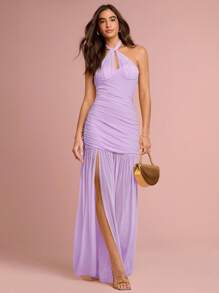 Enchnt Vestido halter sexy de unicolor con pliegues y abertura en el bajo