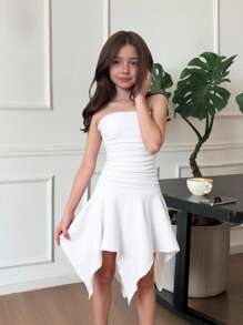 SHEIN 青少年女孩休闲时尚百搭褶皱腰拼接不对称荷叶边下摆连衣裙，白色连衣裙，适合周末、休闲外出、返校、毕业派对、生日聚会、秋冬