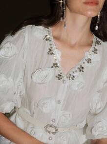 Anewsta Elaire Blusa elegante de moda con cuello en V, mangas abullonadas y flores 3D, para verano - Albaricoque - Ver 2