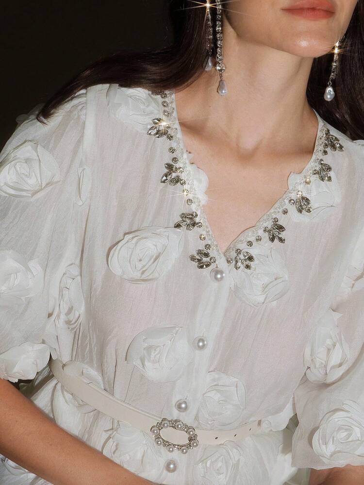 Anewsta Elaire Elegant Fashion V-Neck 3D Floral Puff Sleeve Blouse, Summer