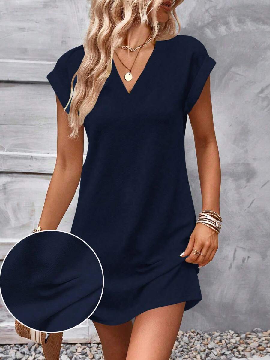 SHEIN LUNE Women's Solid V-Neck Short Sleeve Simple & Casual Short Dress