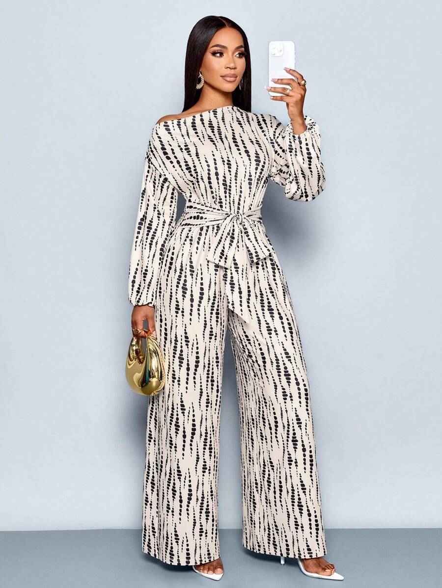 SOLERSUN 女式全印花不对称领口长款蝙蝠袖系带前阔腿连体裤，适合约会、工作、度假、节假日、休闲装、夏季波西米亚风格/假日/节日/音乐节/德比连衣裙，适合度假和日常穿着（随机花卉） - 杏色 - 查看 1