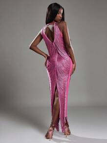NYA SZN Dress Pink Metallic Ruched Halter Maxi Dress With Open Back & Slit For Night Out, Wedding Guest, Birthday, Holiday Party & Formal Events