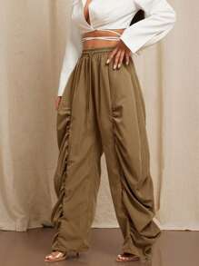 Vixey Pantalones casuales de oficina de pierna ancha con cintura con cordón fruncido, casual de negocios, para brunch