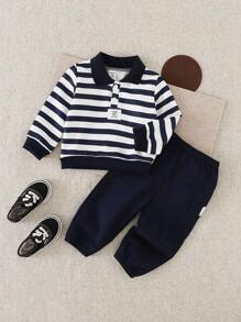 SHEIN Playful Pals 2 件套男婴幼儿新生儿 0-3 岁春夏休闲日常穿着 3D 恐龙印花 T 恤和短裤 2 件套 - 藏蓝色 - 查看 1