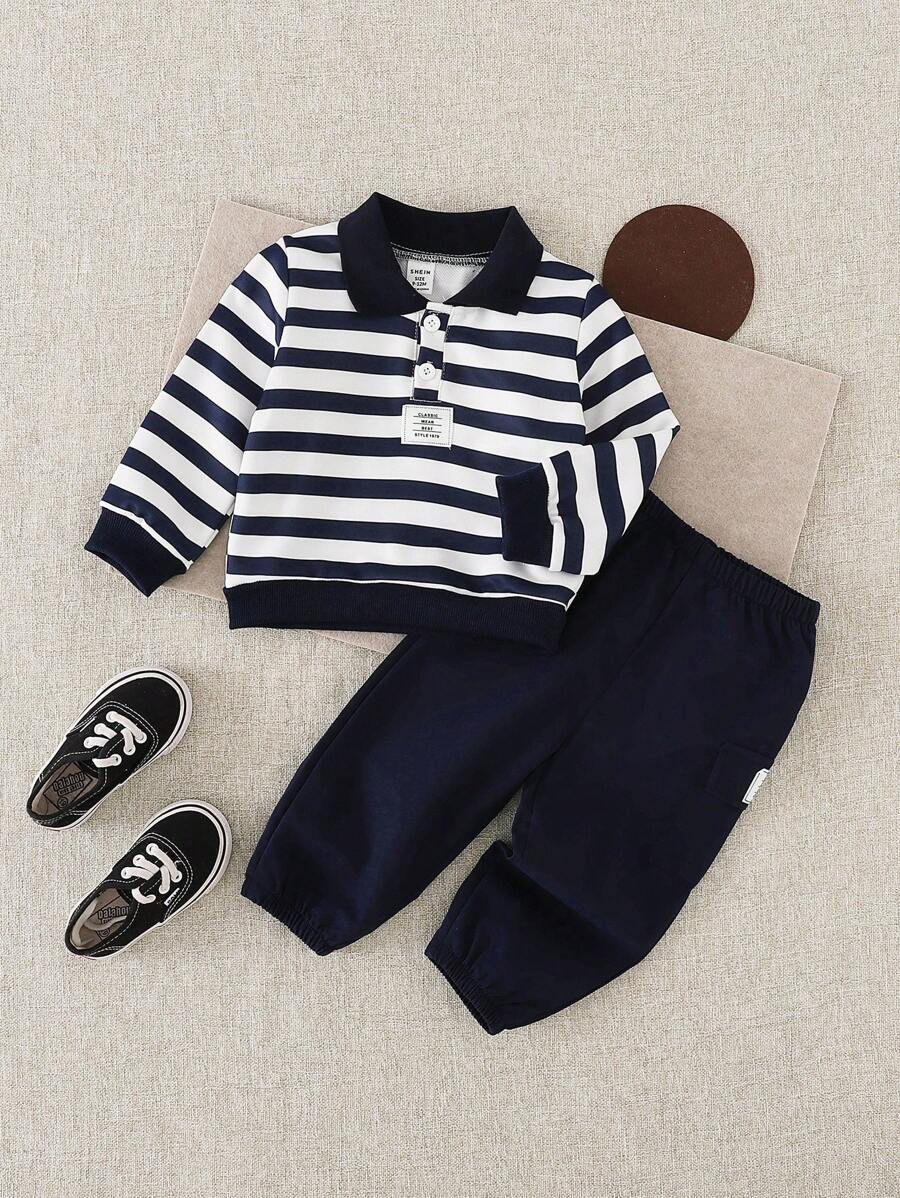 SHEIN Playful Pals 2 件套男婴幼儿新生儿 0-3 岁春夏休闲日常穿着 3D 恐龙印花 T 恤和短裤 2 件套 - 藏蓝色 - 查看 1