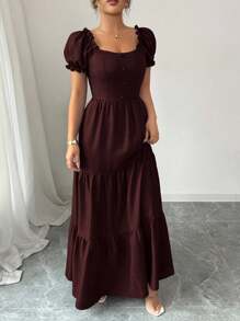 Elenzga 女士优雅长裙，独特领口，多层拼接，荷叶边，修身设计/垂坠/分层/假日装扮/波西米亚风/浪漫花卉/度假休闲