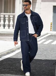 Manfinity Homme 大码男士街头风格休闲抗皱、耐用、防污口袋深蓝色牛仔西装，秋季服装 - 深色水洗藍 - 查看 5