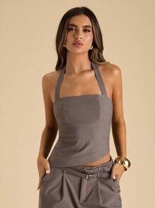 SHEIN BAE Stylish Backless Women's Halter Tank Top In Dark Grey Woven Fabric - Dark Grey - View 5