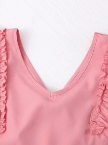 Blusa tejida elegante de cuello en V rosa con mangas con volantes, lazo en la espalda, blusa ajustada corta, versátil y práctica, se puede combinar con faldas, pantalones acampanados, pantalones de pierna ancha, pantalones pitillo, shorts para adolescentes - Rosa - Ver 5