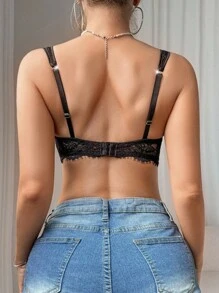 SHEIN 1pc Women's Solid Color Sexy Lace Spaghetti Strap Bra - Black - View 2