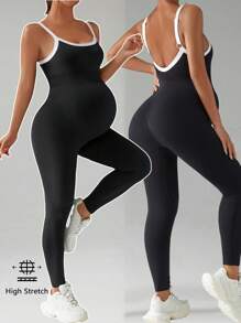 SHEIN 孕妇撞色边无袖运动连体裤 - 黑色 - 查看 6