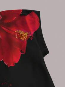 Casual Vacation Style Sexy Backless Padded Halter Top, Red & Black Tropical Floral Print Women's Backless Bodycon T-Shirt, Suitable For Summer Vacation Suitable For Going Out, Built-In Bra - Multicolor - View 4