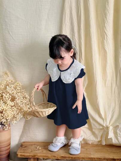 SHEIN Baby Girl Holiday Outfits Christmas Casual Outfits Summer Grayish Blue Doll Collar Dress