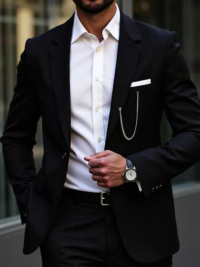 Manfinity Bizformal Blazer negro con cuello de solapa y decoración de cadena, estilo "Old Money"