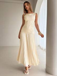 Aloruh Đầm Maxi Không Tay Màu Trơn Thêu Xếp Ly Vá Thanh Lịch Trễ Vai Cho Nữ - Màu be - Xem 8