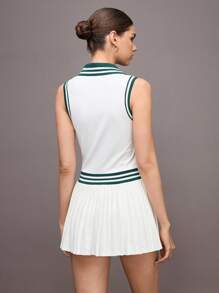 Activina 女式条纹领褶下摆无袖运动连衣裙 - 白色 - 查看 2