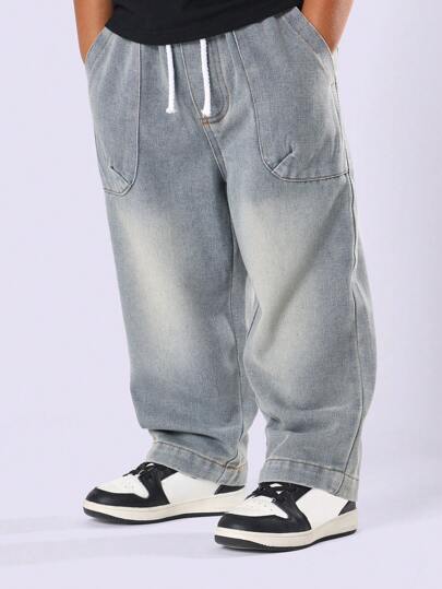 SUMWON 套头式牛仔裤宽松版型宽松裤时尚牛仔阔腿裤青年可调节腰部街头风格日常休闲四季百搭经典宽松版型