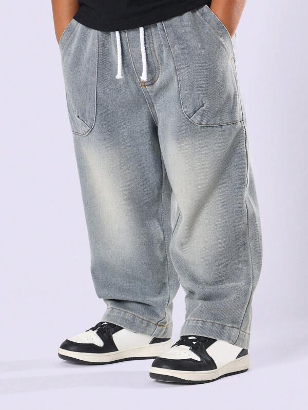 SUMWON Jeans style barrel à enfiler, coupe ample et détente, pantalon en denim large, style de rue décontracté pour tous les jours et toutes les saisons, taille ajustable, coupe classique et décontractée