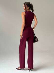 Aloruh 1 套梅紫色无袖薄披肩领开衫 + 直腿加长女毛衣裤，2 件针织套装 - 中紫紅色 - 查看 2