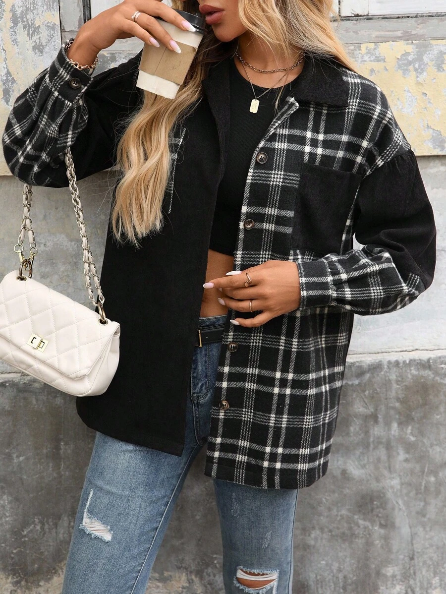 SHEIN LUNE Women's Plaid Patchwork Drop Shoulder Long Sleeve Single-Breasted Pocket Casual Regular Jacket Fall Winter Cloth For Women, Christmas