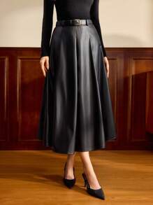 Vintamour 复古经典优雅女式半身裙，秋冬宽松 PU 皮革 A 字裙，带腰带、口袋，黑色，长款 - 黑色 - 查看 4