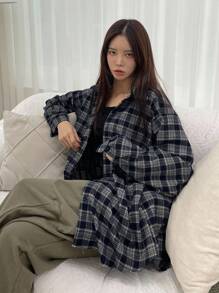 DAZY Chemise oversize à épaules tombantes imprimée à carreaux, vêtements d'automne, chemises en flanelle pour femmes, Top à manches longues