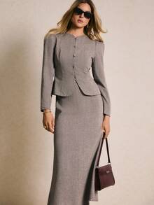 Poéselle Women's Elegant Brown Tweed Suit Set,Vintage Check Single-Breasted Bubble Sleeve Jacket & Midi Skirt,Grey Autumn Office Fall Winter Clothes,Elegant - Brown - View 6