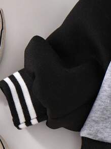 Back To School Fall Clothes Young Girls Fashion Letter Graphic Grey & Black Splice Long Sleeve Round Neck Casual Comfortable Baseball Jacket, Autumn/Winter - Black - View 4