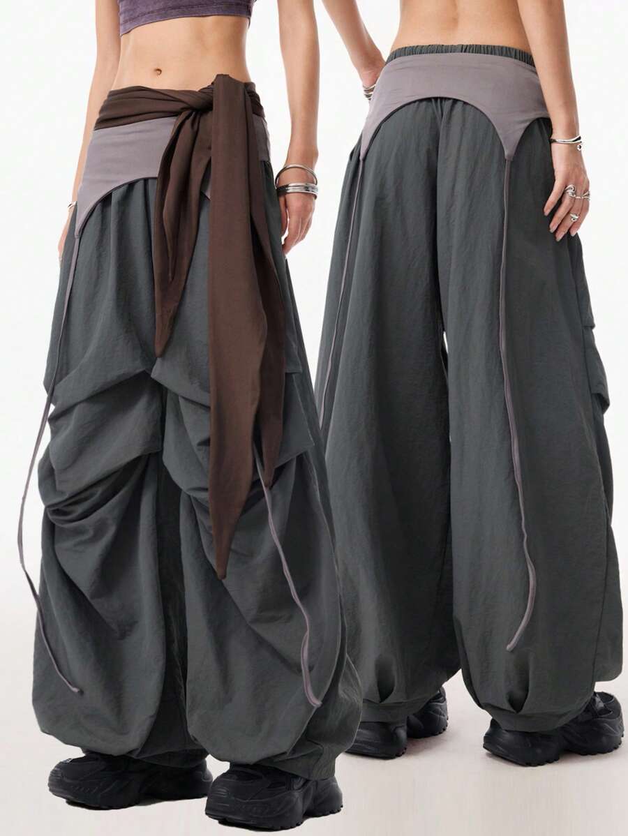 LYSMO 女士户外抽绳层叠褶裥工装裤 - 2025 春夏新品 - 灰色 - 查看 1