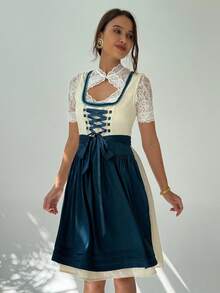 Aloruh 2025 新款啤酒节连衣裙巴伐利亚啤酒节传统服装绿色女式连衣裙蕾丝连衣裙啤酒节连衣裙女式波尔卡圆点印花拼布花卉刺绣网眼下摆无袖优雅连衣裙 - 藍色 - 查看 8