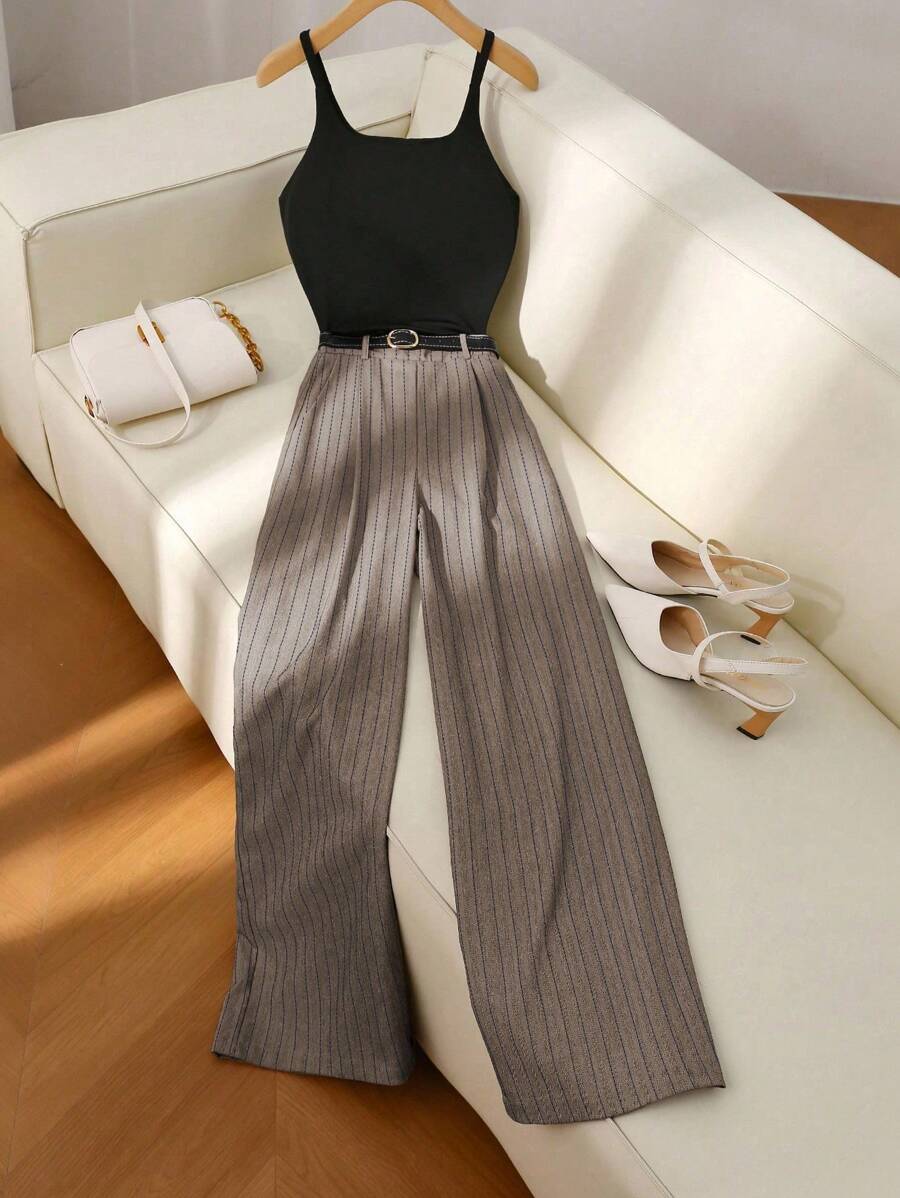 Franclia Women Casual Tank Top, Women Straight Leg Casual Striped Pants, Versatile - Khaki - View 1