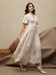 Anewsta Apricot V-Neck Short Sleeve Elegant Embroidered Belted A-Line Maxi Dress For Women, Autumn