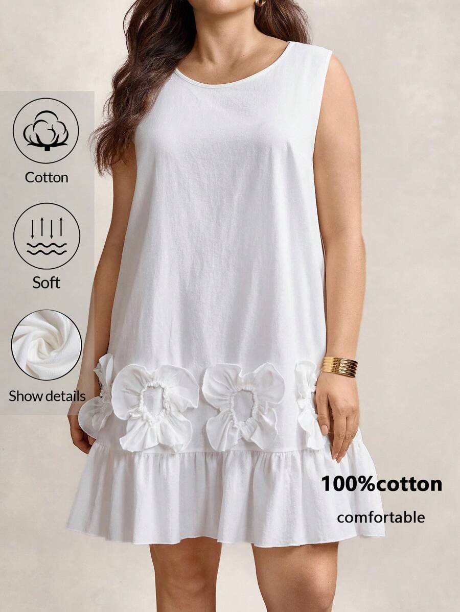 Zelara 大码夏季假期花卉贴花荷叶边下摆无袖连衣裙 - 白色 - 查看 1