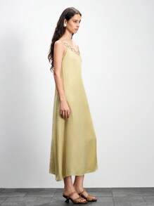 Lumivelle Vestido de satén y brillo con textura de tela de unicolor, decoración de anillo de metal para mujer, vestido de cadena de vacaciones, vestido de verano para la universidad - Verde - Ver 7