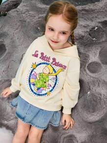 LE PETIT PRINCE X SHEIN Young Girl Colorful Letter, Star, Cloud Cartoon Pattern Dropped Shoulder Loose Hooded Sweatshirt, Light Apricot, Early Autumn - Apricot - View 3