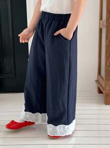 Dazy Kids 年轻女孩撞色蕾丝拼布阔腿牛仔裤 - 藍色 - 查看 5