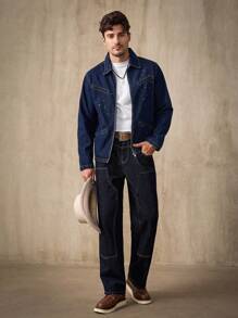 Manfinity Homme 休闲深洗蓝色修身艺术泼墨牛仔夹克，春夏 - 深色水洗藍 - 查看 3