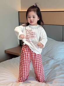 Dazy Kids 女婴圆领休闲字母印花长袖 T 恤、格子家居服、幼儿秋装 - 粉色 - 查看 2